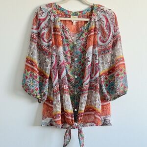 Anthropologie Fig & Flower Blouse Top Woman 1X Bright Bold Festive Party